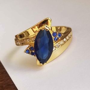 New 10K Gold Plated Marquise Cut Blue Sapphire Diamond Ring for Women